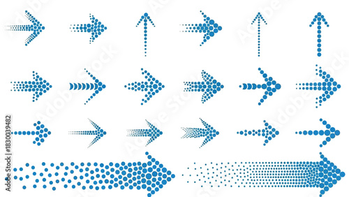 A collection of blue arrows in various sizes and styles, some appearing to dissolve into dots, arranged on a white background.