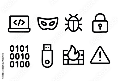 Cyber security line icons — hacker, virus, firewall, and data protection symbols — stock vector.