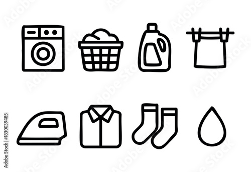 Laundry and cleaning line icons — washing machine, laundry basket, and iron — stock vector.