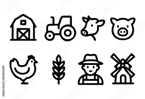 Farm and agriculture line icons — barn, tractor, farm animals, and windmill — stock vector.