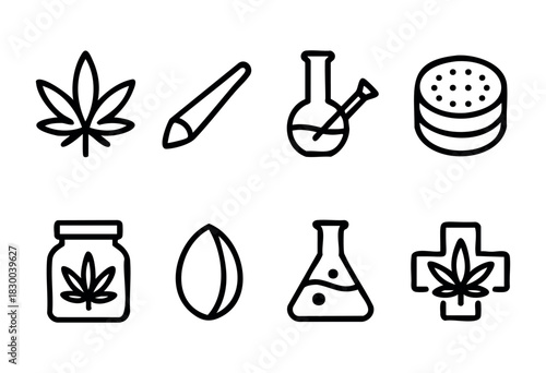 Cannabis and marijuana line icons — leaf, joint, bong, and medical cannabis symbols — stock vector.