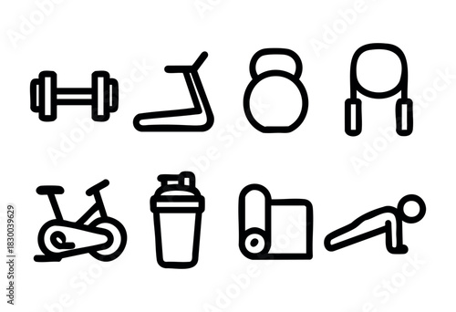 Fitness and gym line icons — dumbbell, treadmill, kettlebell, and other workout equipment — stock vector.