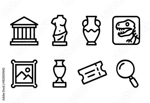 Museum and history line icons — ancient artifacts, fossils, and art gallery exhibits — stock vector.