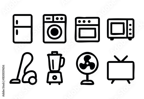Home appliances line icons — refrigerator, washing machine, and other household electronics — stock vector.