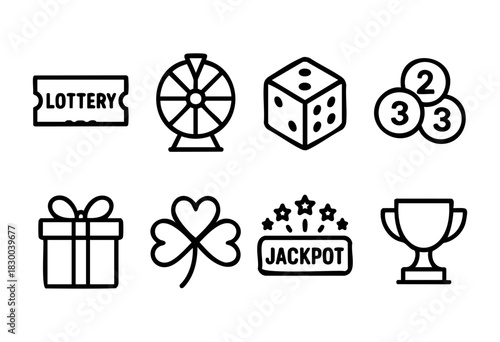 Lottery and games of chance line icons — lottery ticket, prize wheel, and jackpot symbols — stock vector.