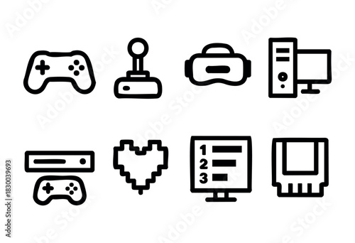 Gaming line icons — controller, joystick, VR headset, and other video game hardware — stock vector.