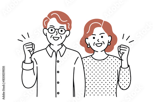 Elderly couple celebrates with raised fists and smiles