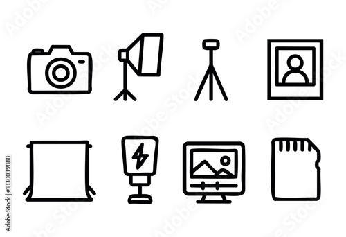 Photography studio line icons — camera, lighting, and other professional photo equipment — stock vector.