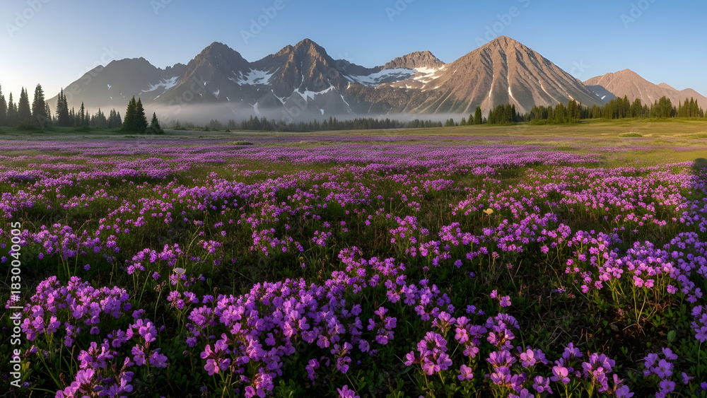 Fototapeta premium Vast field of vibrant purple wildflowers blooming in a mountain meadow under a clear blue sky