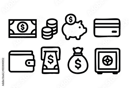 Money and finance line icons — cash, coins, piggy bank, and credit card — stock vector.