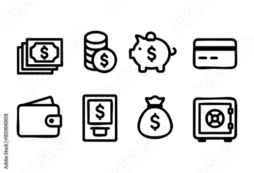 Money and finance line icons — cash, coins, piggy bank, and credit card — stock vector.