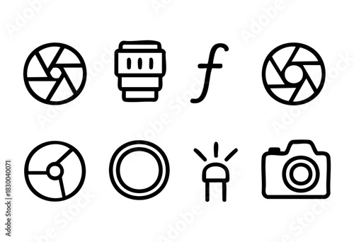 Camera aperture and photography line icons — lens, f-stop, and other camera settings — stock vector.