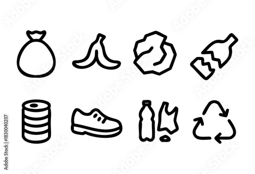 Garbage and waste types line icons — for recycling and sorting — stock vector.