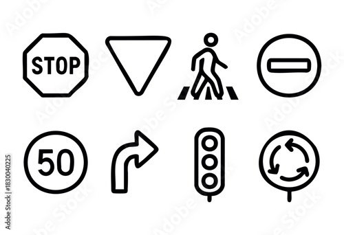 Traffic signs line icons — stop, yield, pedestrian crossing, and other road safety symbols — stock vector.