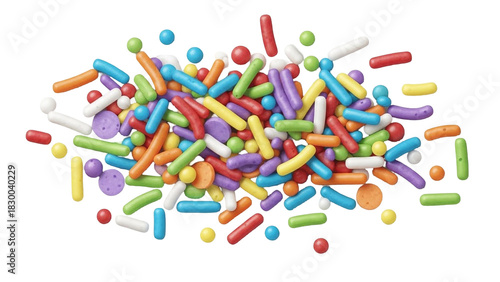 A vibrant assortment of colorful sprinkles, including rods, balls, and discs, scattered on a white surface.