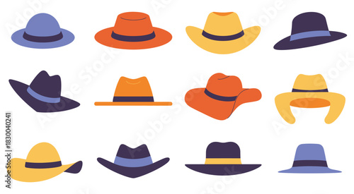 Collection of diverse fedora hats in various colors and styles, flat design vector illustration, white background, fashion accessory icons, stylish hat graphics, headwear design elements, trendy