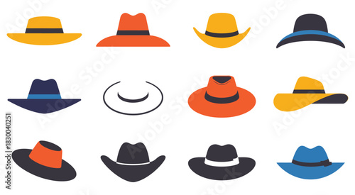 Collection of diverse fedora hats in various colors and styles, flat design vector illustration, white background, fashion accessory icons, stylish hat graphics, headwear design elements, trendy 