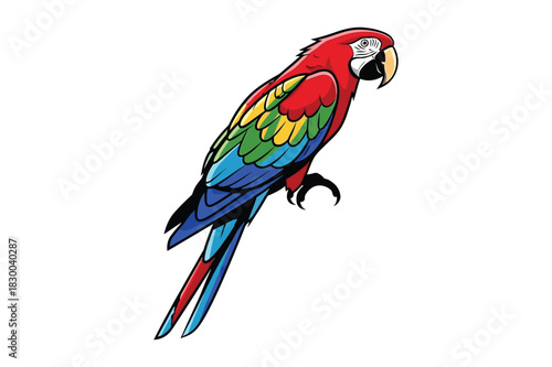 Vibrant scarlet macaw parrot perched on a branch