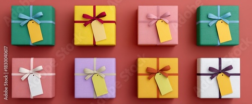 Colorful gift boxes with ribbons and tags stacked like a candy rainbow tower