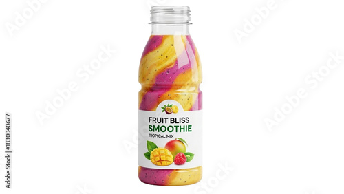 Clear plastic bottle of Fruit Bliss Smoothie Tropical Mix with vibrant yellow and pink swirled liquid and fruit label on white background.