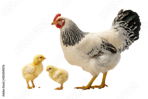 A white hen with black markings stands protectively beside two fluffy yellow chicks, depicted on a transparent transparent background. background removed