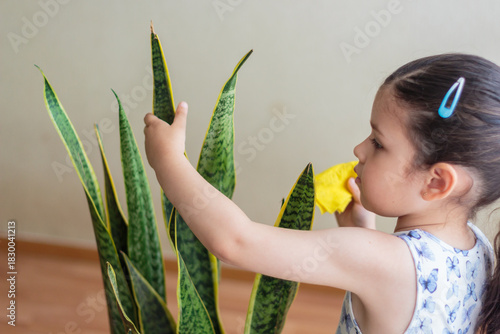Niña concentrada en cuidar una planta