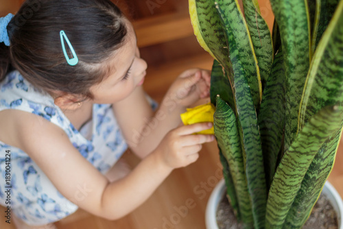 Niña concentrada en cuidar y limpiar una planta