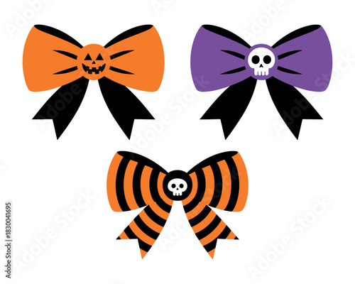 Three Halloween-themed bows, each with a spooky design and festive colors for decoration.
