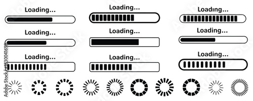 loading icons, loading bar progress icon, download progress, collection loading status, file transfer indicators, app and website UI elements, progress animation graphics, digital 
