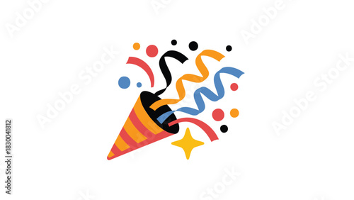 Exploding party popper releasing colorful confetti streamers and dots against a white background