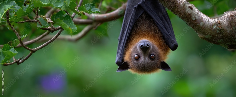 Fototapeta premium A bat chilling upside-down on a tree limb in a wild outdoor spot
