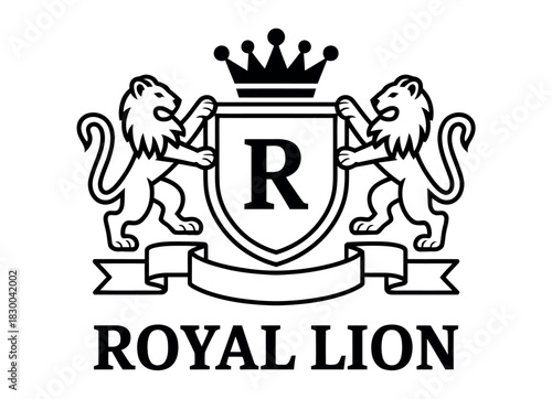 A crest featuring two lions holding a shield with the letter R and a crown above it.