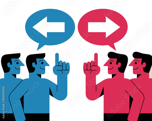 Two groups of people with opposite arrows in speech bubbles are communicating their differing viewpoints.