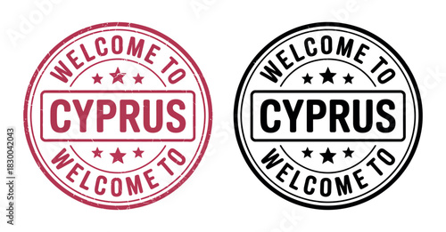 Circular rubber stamps with the text 'Welcome to Cyprus' are depicted in red and black.