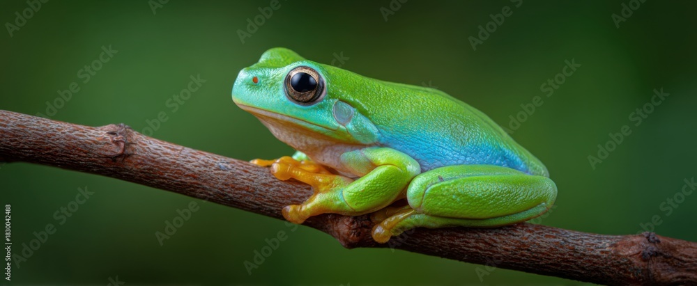Fototapeta premium Frog clutching thin woody branch in bright lush green backdrop.