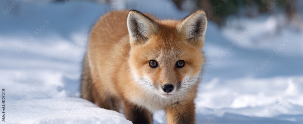 Naklejka premium A fox kit happily checking out the snowy landscape and frosty terrain.