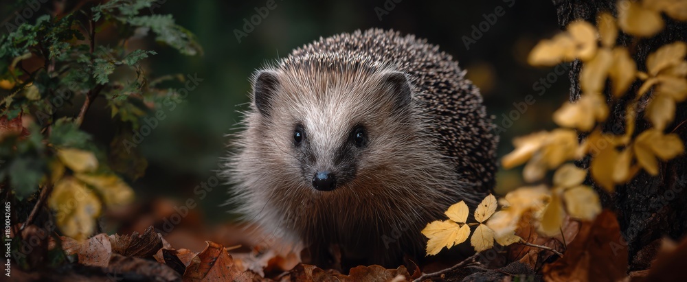 Fototapeta premium Hedgehog quietly foraging on the damp colorful forest floor strewn with fallen leaves