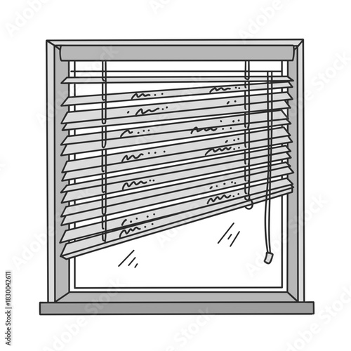 Dust-covered window blinds partially open with visible dirt  