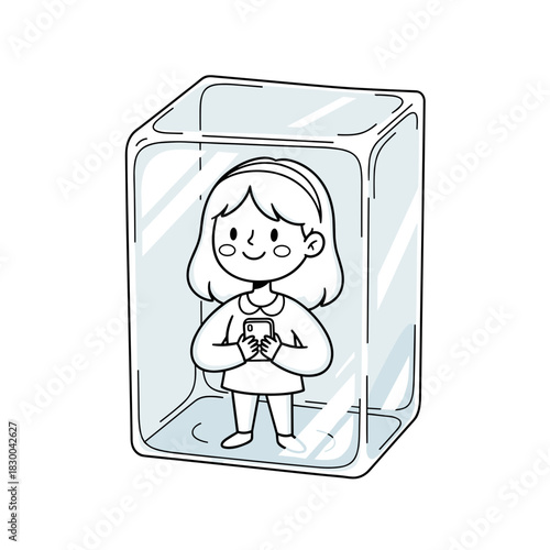 Girl standing inside a glass box and holding a smartphone  