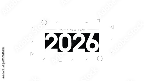 Bold black rectangle with white numbers 2026 centered on a stark white background with subtle circular elements