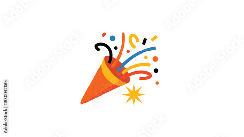 Bright orange party popper exploding with colorful confetti and streamers against a white background