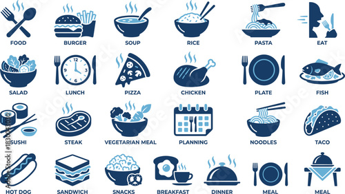 Food icon collection, meal symbols, eating concepts, restaurant graphics, dietary visuals, lunch dinner breakfast, snack icons, culinary illustration set