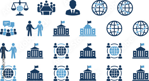 Governance icon set, global affairs symbols, diplomacy graphics, international relations, communication tools, leadership visuals, political meeting, institutional icons