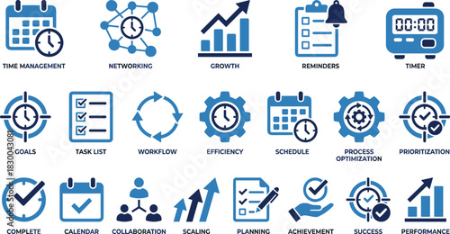 Productivity icon set, business process symbols, task management, time tracking, workflow optimization, goal achievement, planning tools, performance metrics