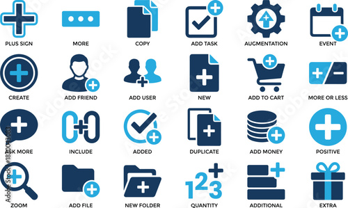 Plus sign icons, add action symbols, user interface elements, digital enhancement, inclusion graphics, task creation, positive UI design