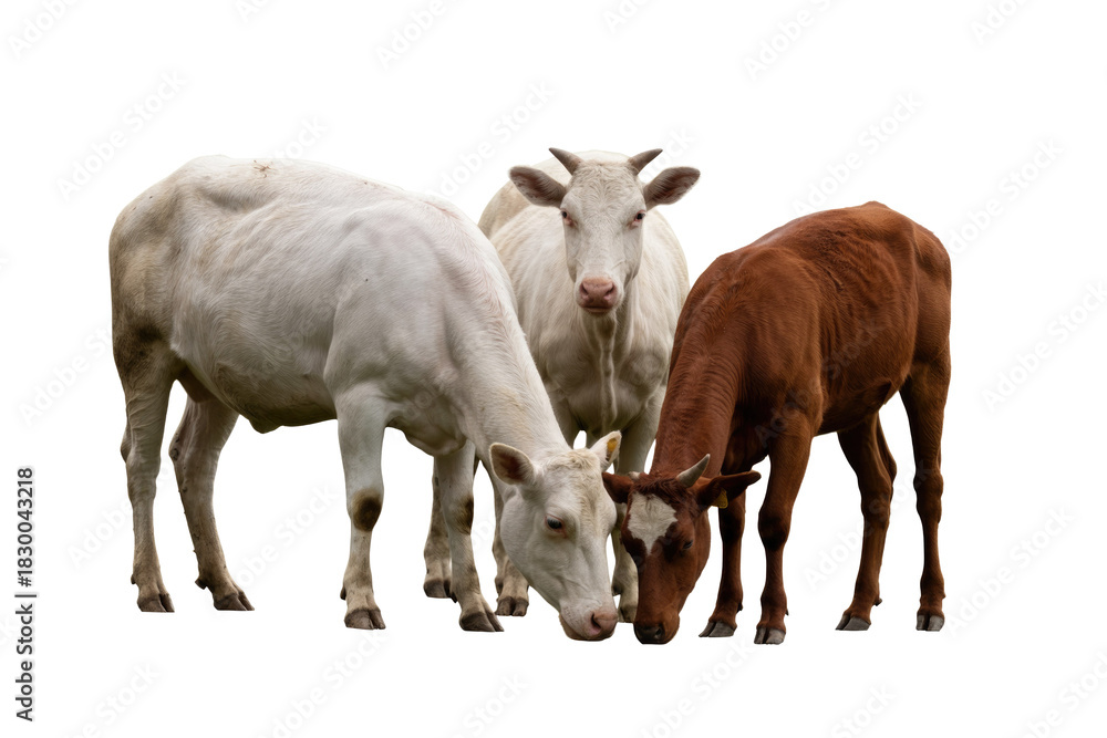 Fototapeta premium Three young cattle, two white and one brown with a white blaze, are seen together, appearing to graze or look downwards. background removed
