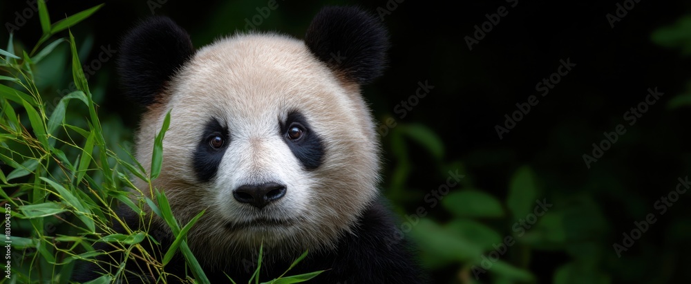 Fototapeta premium Panda feeding on fresh bamboo stalks in its natural habitat.