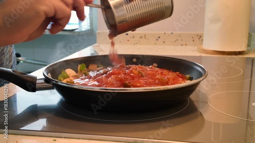 While cooking some vegetables in a pan, pour in the contents of a can of tomatoes and mix with a wooden spatula.