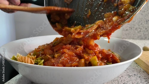 A person's hands pour the tomato sauce with vegetables from the pan into the white bowl with pasta.