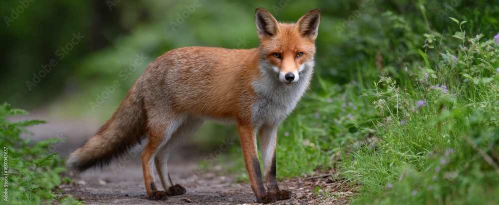 Naklejka premium Curious red fox carefully sniffing fresh scent along a quiet woodland path